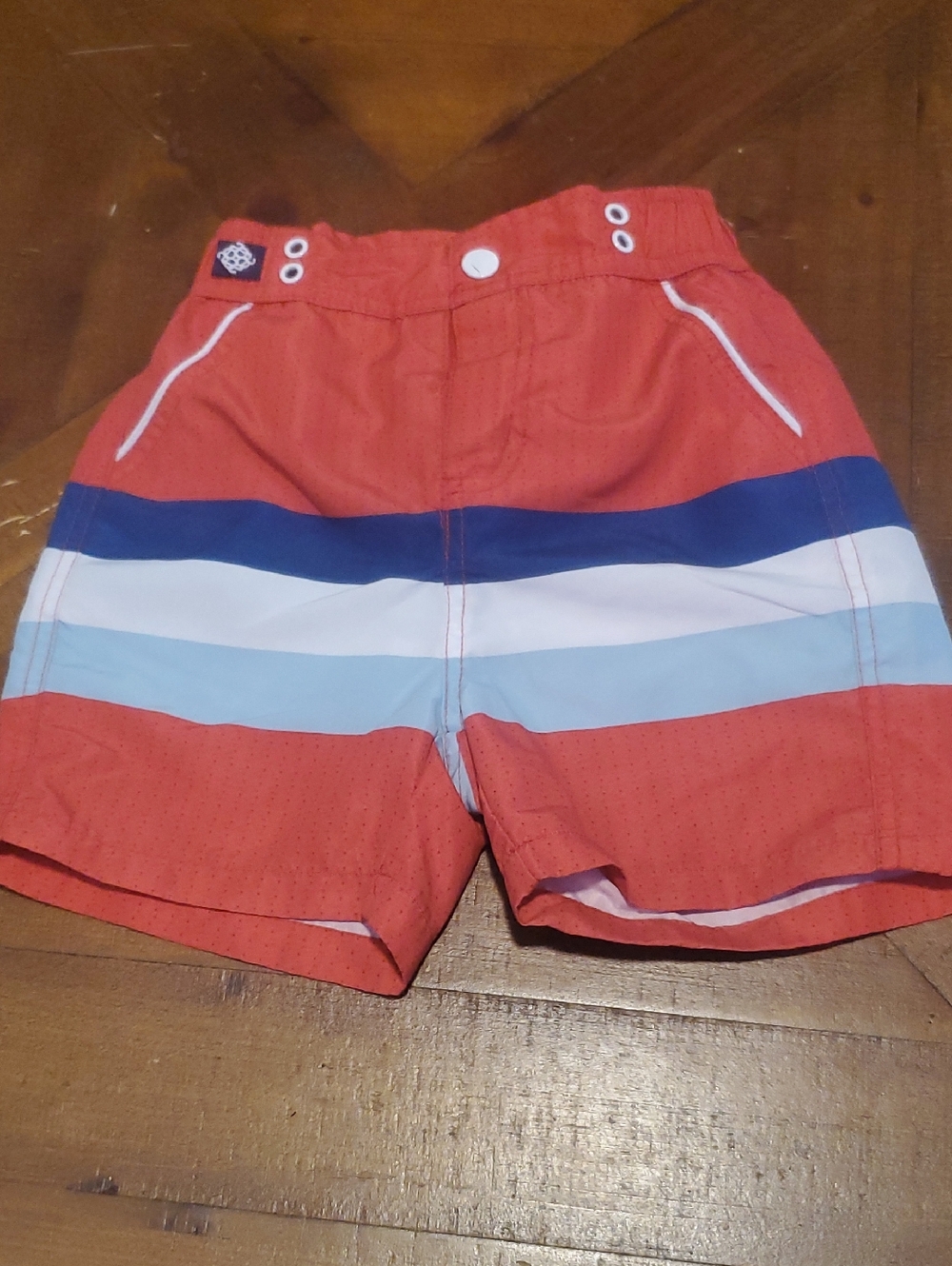 Andy & Evan Coral Swim Trunks with Navy, White & Light Blue Stripes
